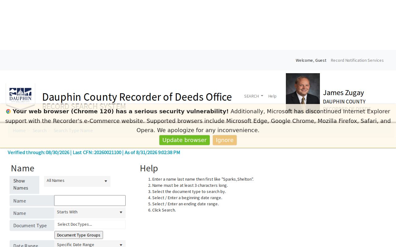 Susquehanna Township previous residents Dauphin Recorder deed name search with party and date fields