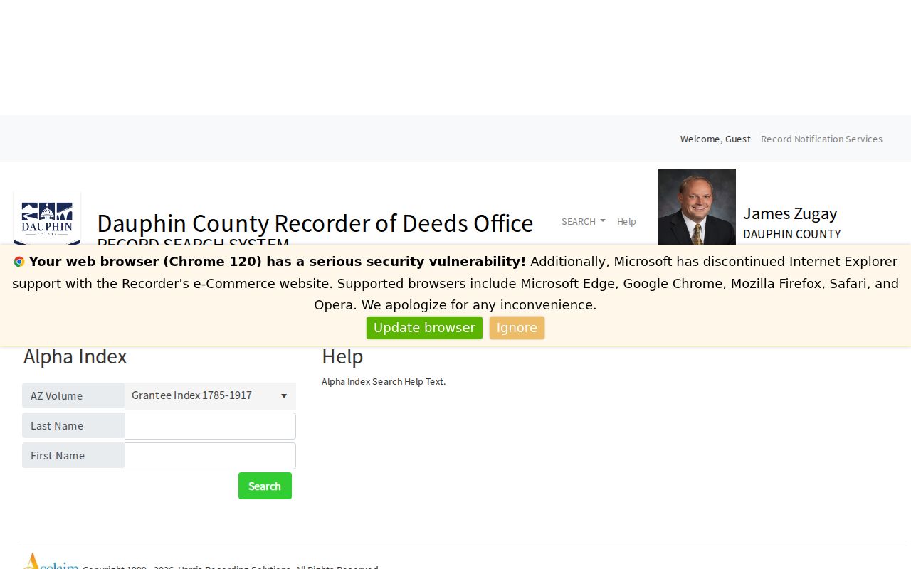 Susquehanna Township previous residents Recorder Alpha Index with volume and name controls